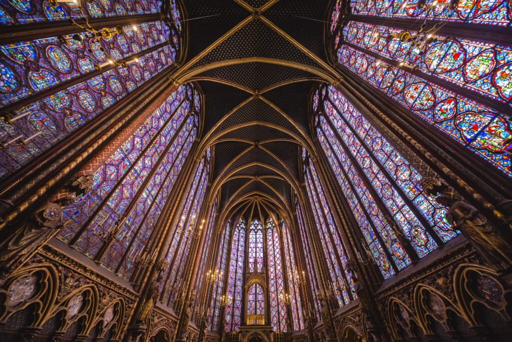 The church of La Saite Chapelle is just around the corner from Notre Dame in Paris. Despite being less well known I think the stained glass is much more spectacular.
