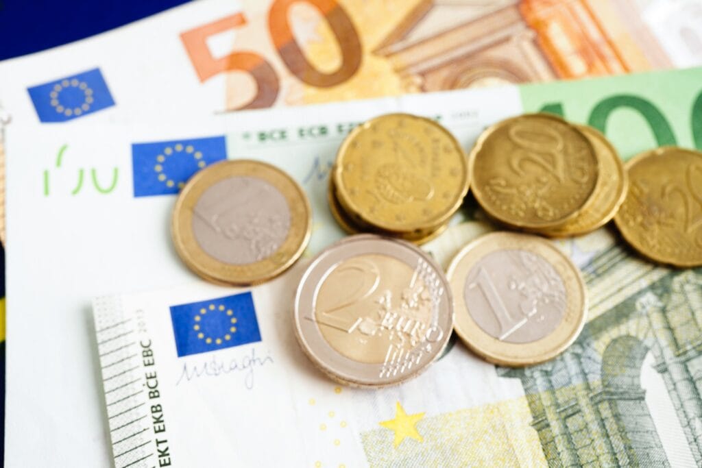Euro notes and coins as seen in this image can be used anywhere in Europe.